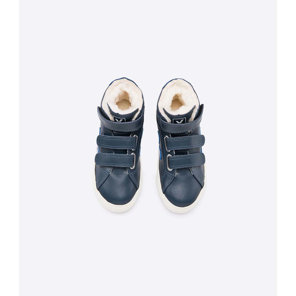 Veja ESPLAR MID FURED LEATHER Kids' High Tops Blue/Navy | CA 691BEX